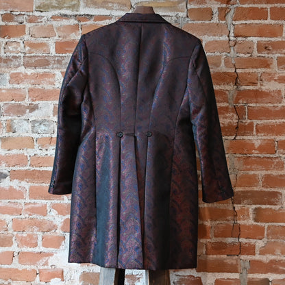 Frontier ladies rust blue green brocade frock coat with tailored bodice and mid-length skirt