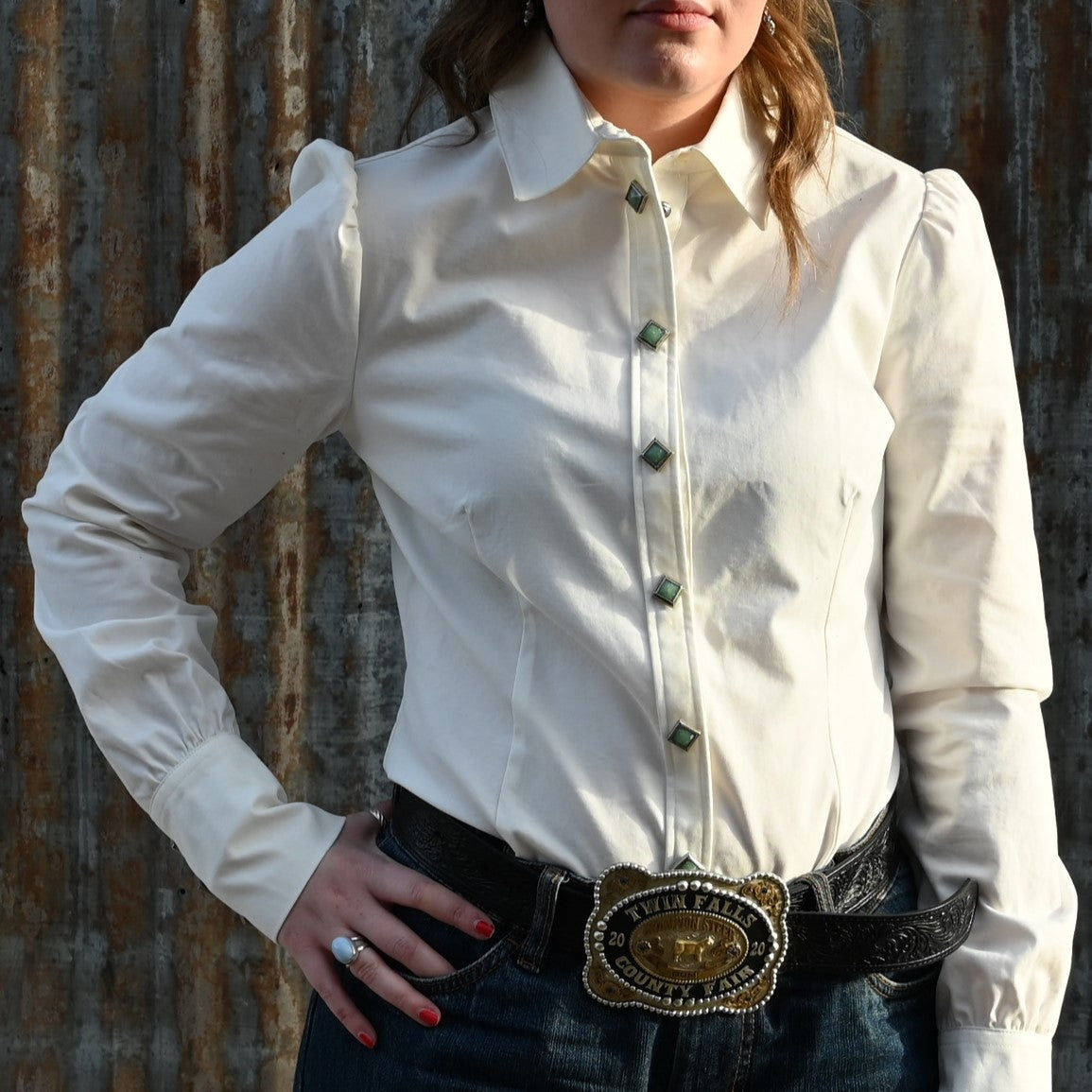 Blue Blanket Ladies White Western Shirt in 100% Cotton with Turquoise Gem Snaps