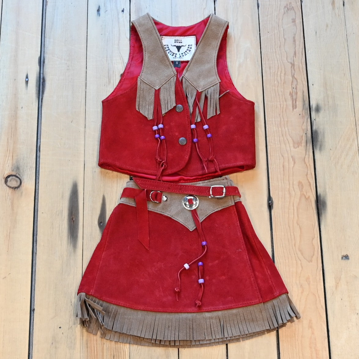 Girls red leather skirt &amp; vest set by Southbay Leather, genuine leather two-piece youth Western outfit
