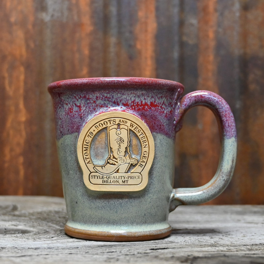 Morning Rambler Mug with Teal Magnolia Glaze And Atomic 79 Logo view of mug