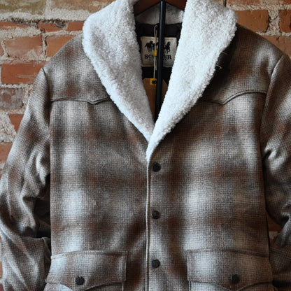 Schaefer Outfitter Wool Coat With Shearling Collar in taupe wool with shearling collar, snap-out vents and front pockets