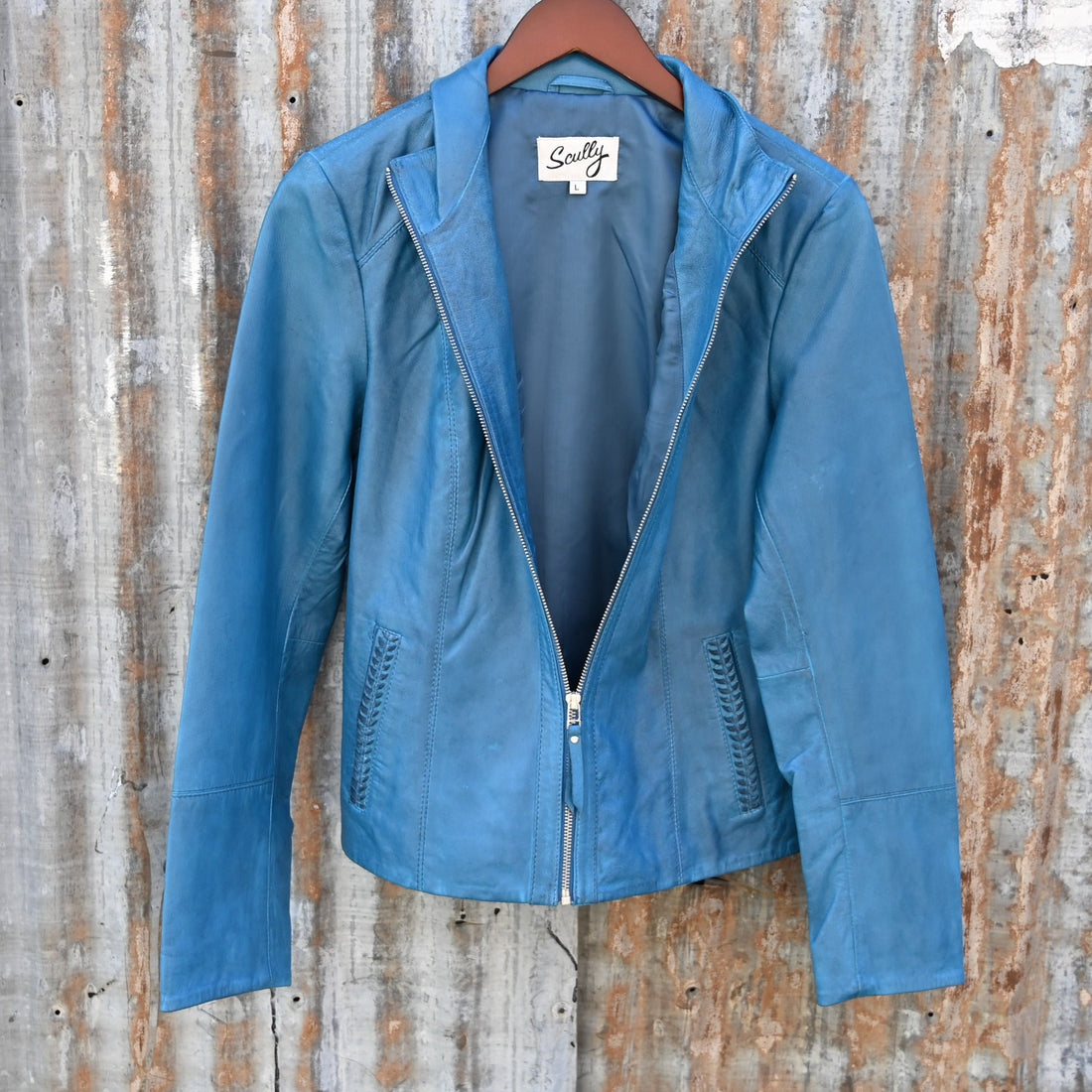 Ladies Lightweight Leather Jacket with Zip Front in Denim view of front