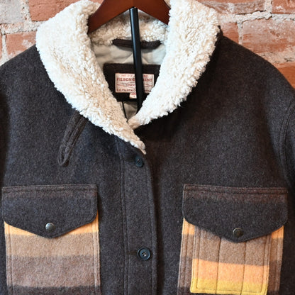 Filson Ladies Kodiak Shawl Collar Coat in Brown and Yellow Stripe with fleece-lined collar and cargo pockets