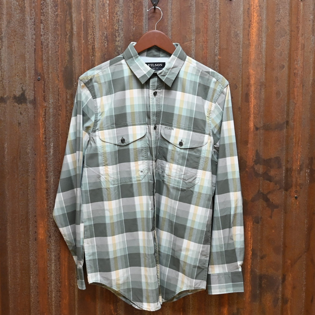 Filson Twin Lakes Sports Shirt in Olive, White and Gold Plaid by Filson view of front