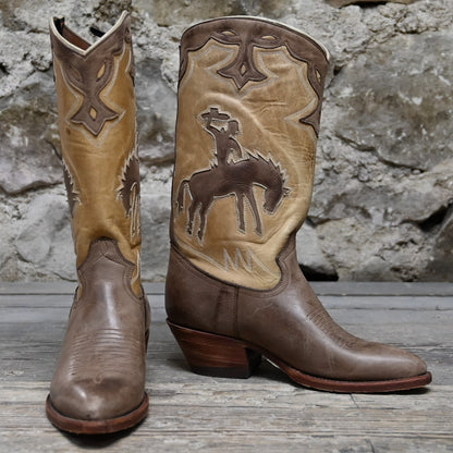 Ladies 11&quot; Leather Boot W/Tan Uppers And Brown Inlayed Bucking Horse view of front and side
