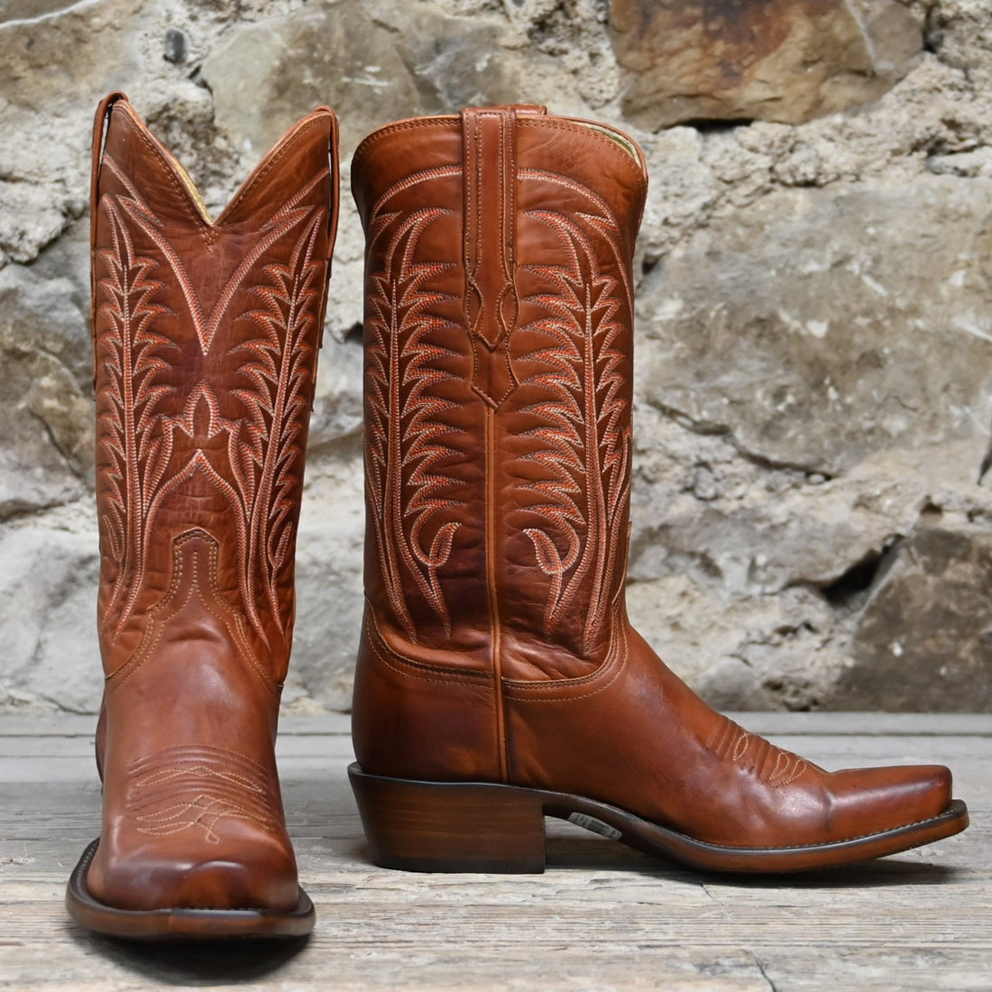 Lucchese Men’s 13-inch calf leather boot in burnished cognac with square toe and tall shaft