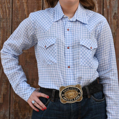 Blue Blanket Ladies Light Blue Plaid Western Shirt in 100% Linen with Orange Pearl Snaps view of front