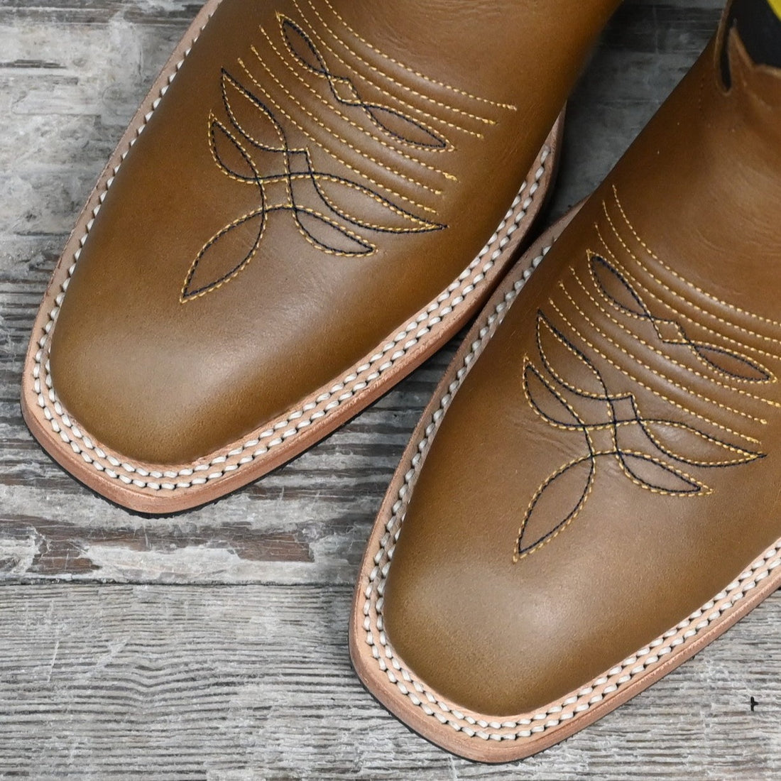 Mens Tan Boot withTooled Navy Blue and Gold Arrow Tops view of toe