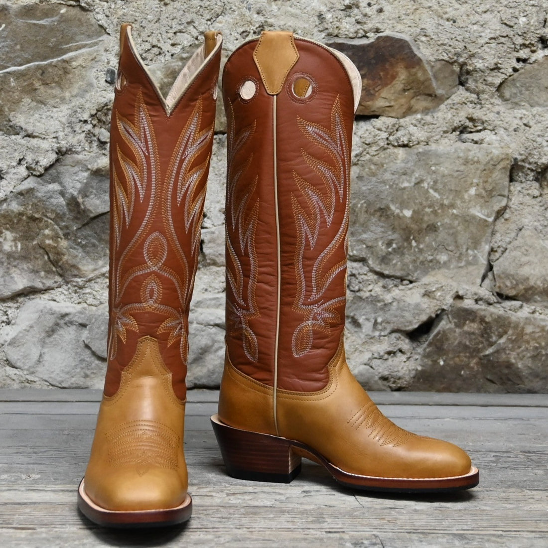 Nutted Calf Ladies 16&quot; Buckaroo Boot with Brown Top and Honey Vamp view of front and side