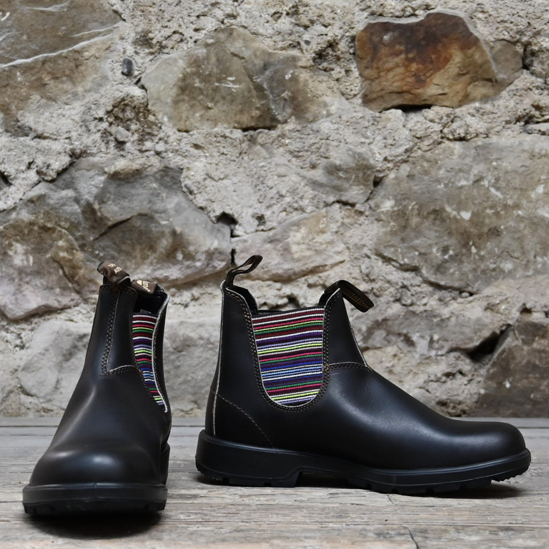 Blundstone Slip On Chelsea boot in stout brown leather with multicolored elastic panels and pull tabs