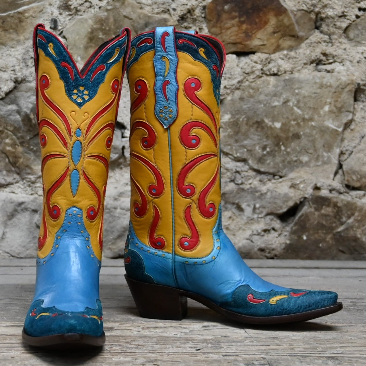 Stallion Ladies Deco Butterfly Boot W/Banana Glove Calf Inlays Foxing and Wingtip. view of front and side