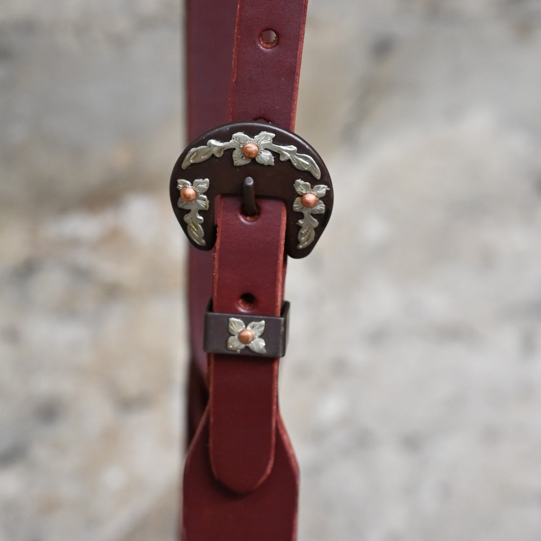 Split Ear Headstall with Brown Iron Buckle view of buckle close up