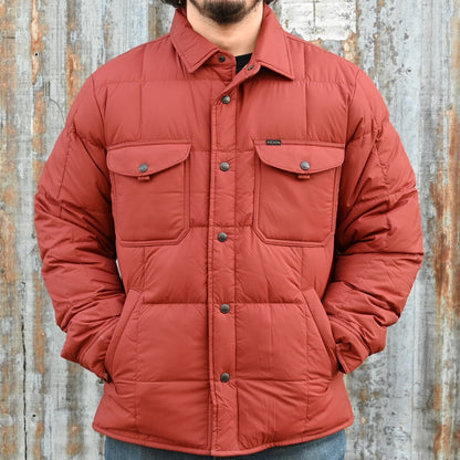 Filson Lightweight Down Jacket Shirt in Madder Red view of front of jacket on model size M