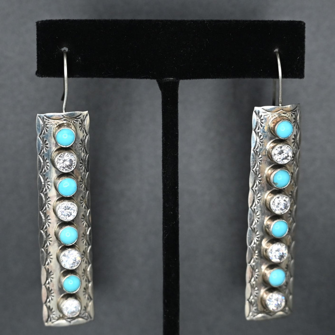 KingmanTurq and Silver Long Rectangle Earrings view of earrings