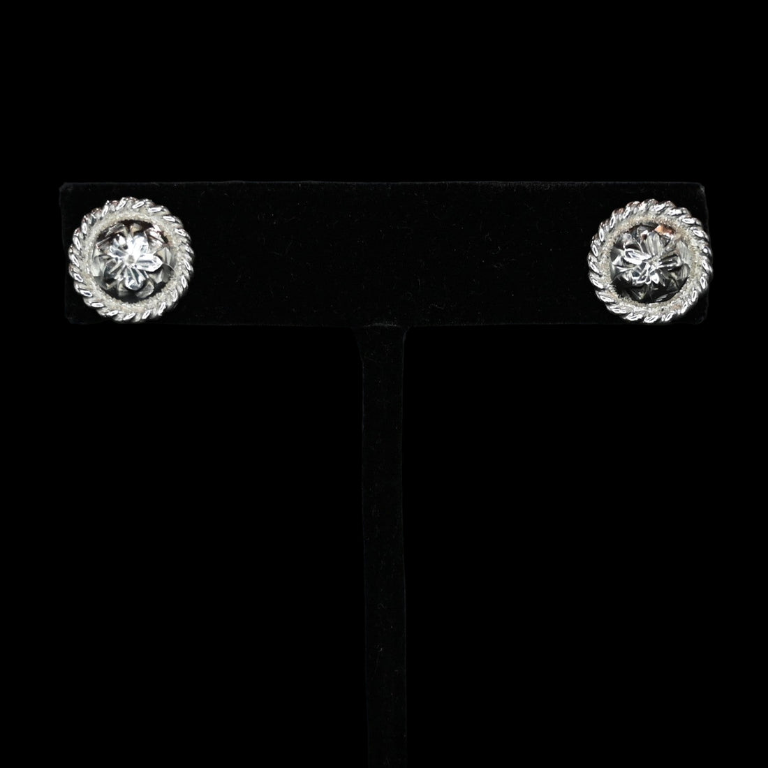 Vogt Silversmiths Heirloom silver concho earrings with engraved blossom and rope border