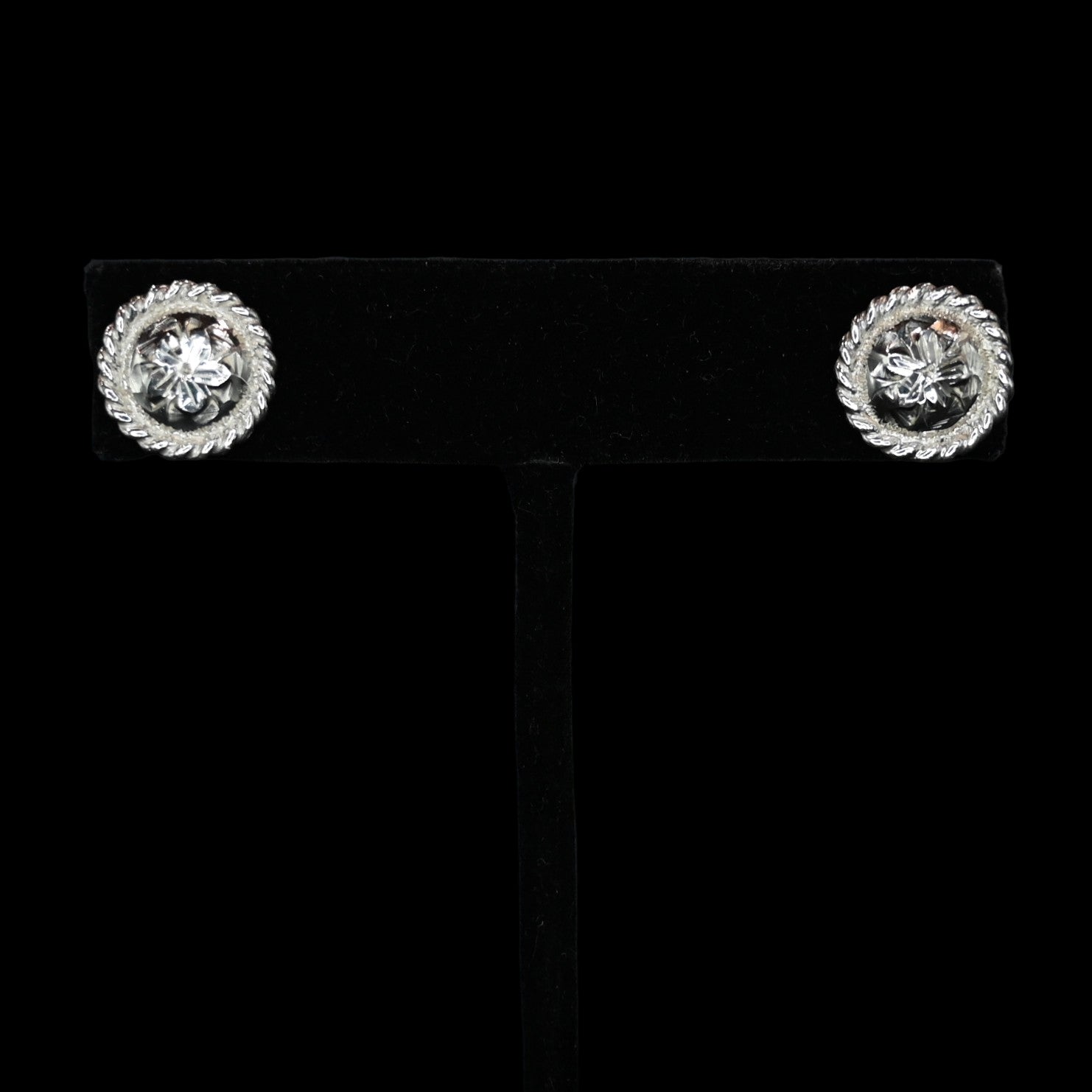 Vogt Silversmiths Heirloom silver concho earrings with engraved blossom and rope border