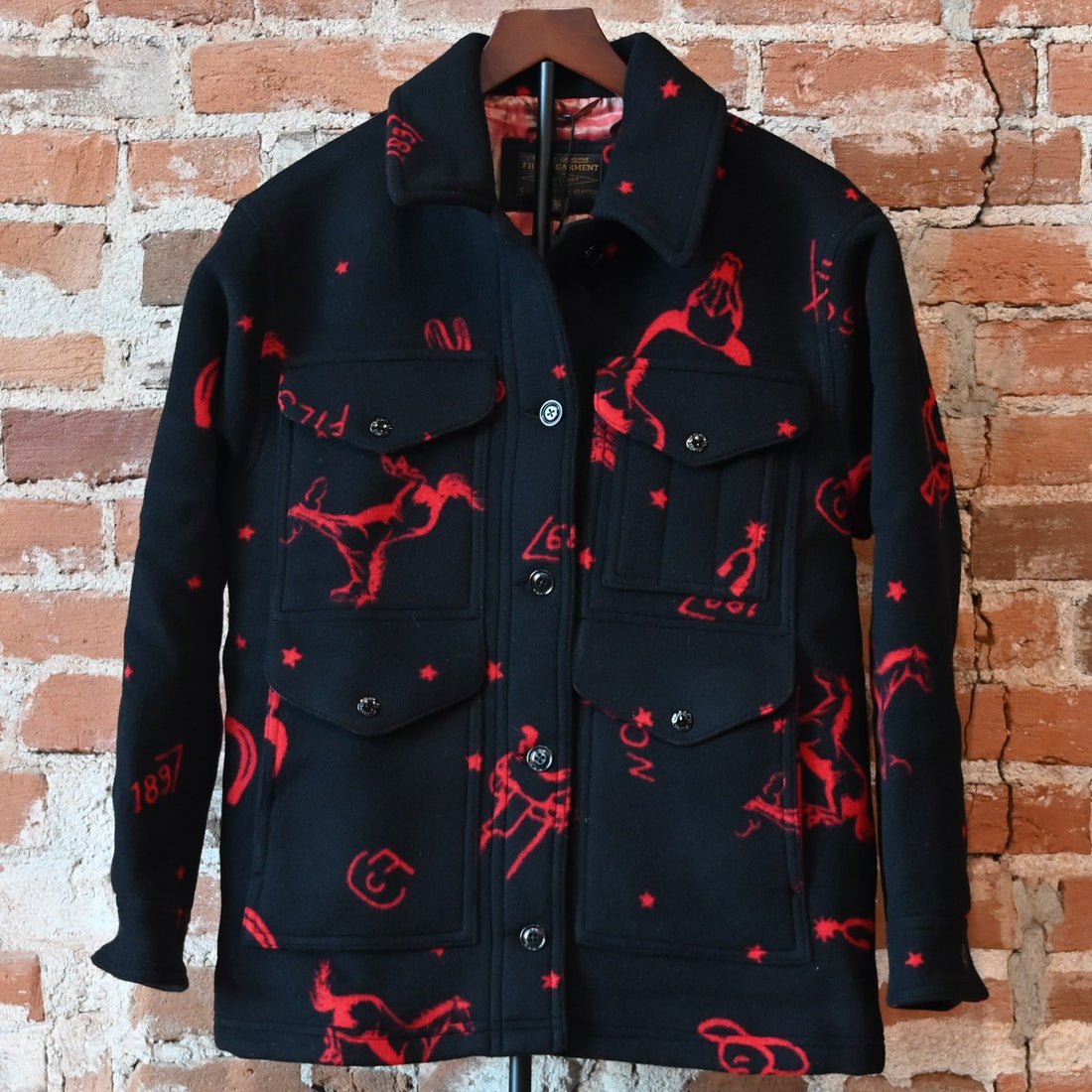 Filson Ladies Jacquard Wool Cruiser Jacket in Black and Red Western pattern with button front and utility pockets