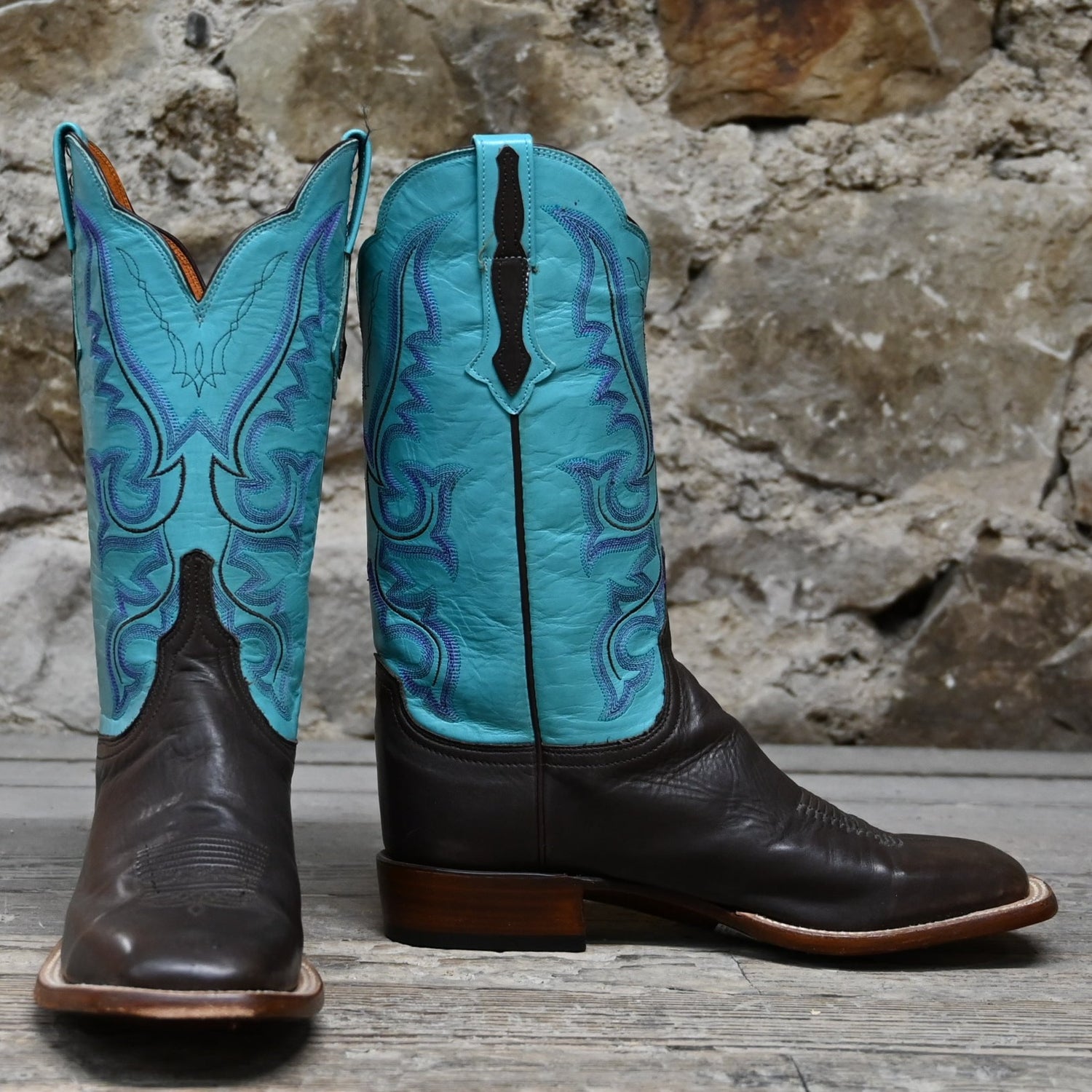 Ladies 12&quot; Leather Boot &quot;Harlow&quot; Design W/Emerald Blue Top And Scalloped Topline view of front and side