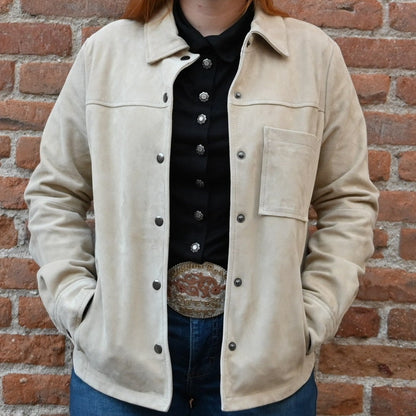 Amsterdam Heritage Dakota Suede Shirt in Off White view of front of jacket on model size small