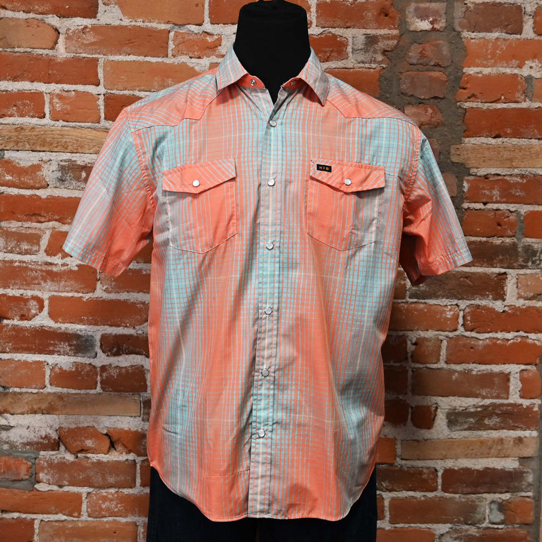 H Bar B Snapshirt in Roberts Plaid - Coral view of front