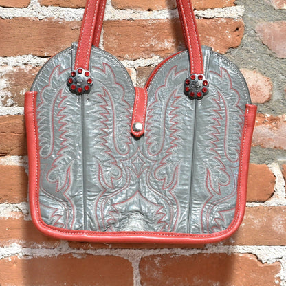 Purse- Cowboy Boot Top w/ buckles- red and gray view of back