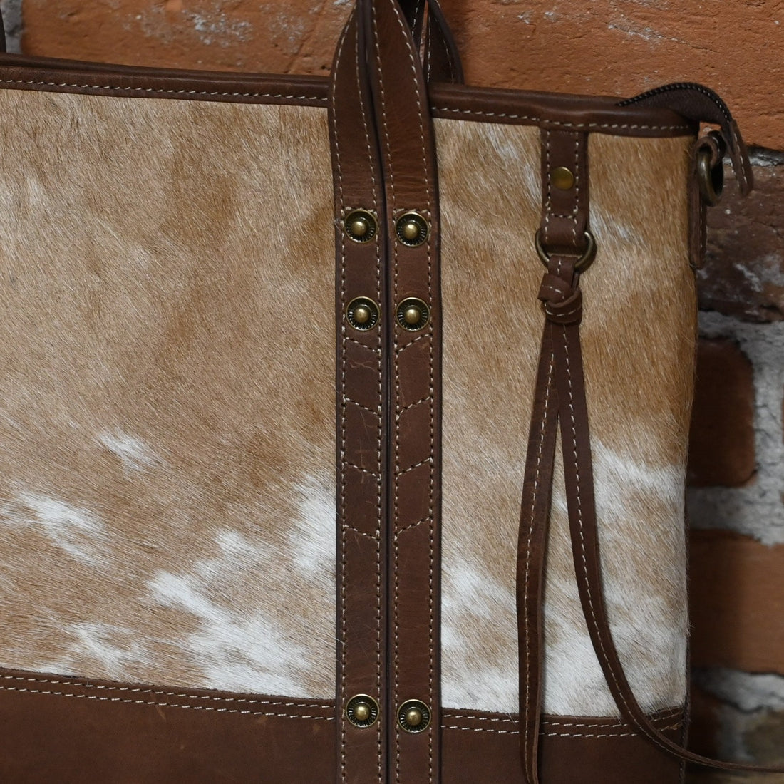 Myra Dennison Rodeo Hair On Bag with Woven Canvas Back and Zippered Exterior Pocket view of close up