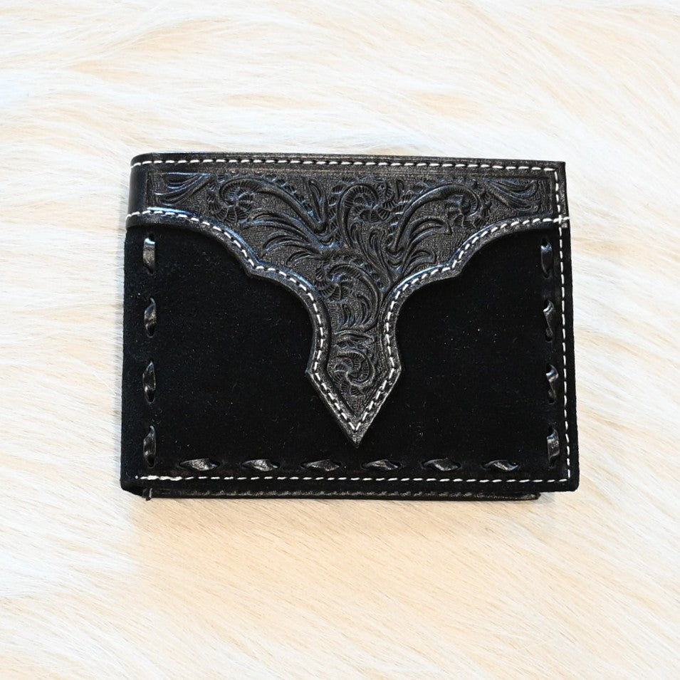 View of Front of Black Rough Out Bi Fold Wallet with Buck Stitching.