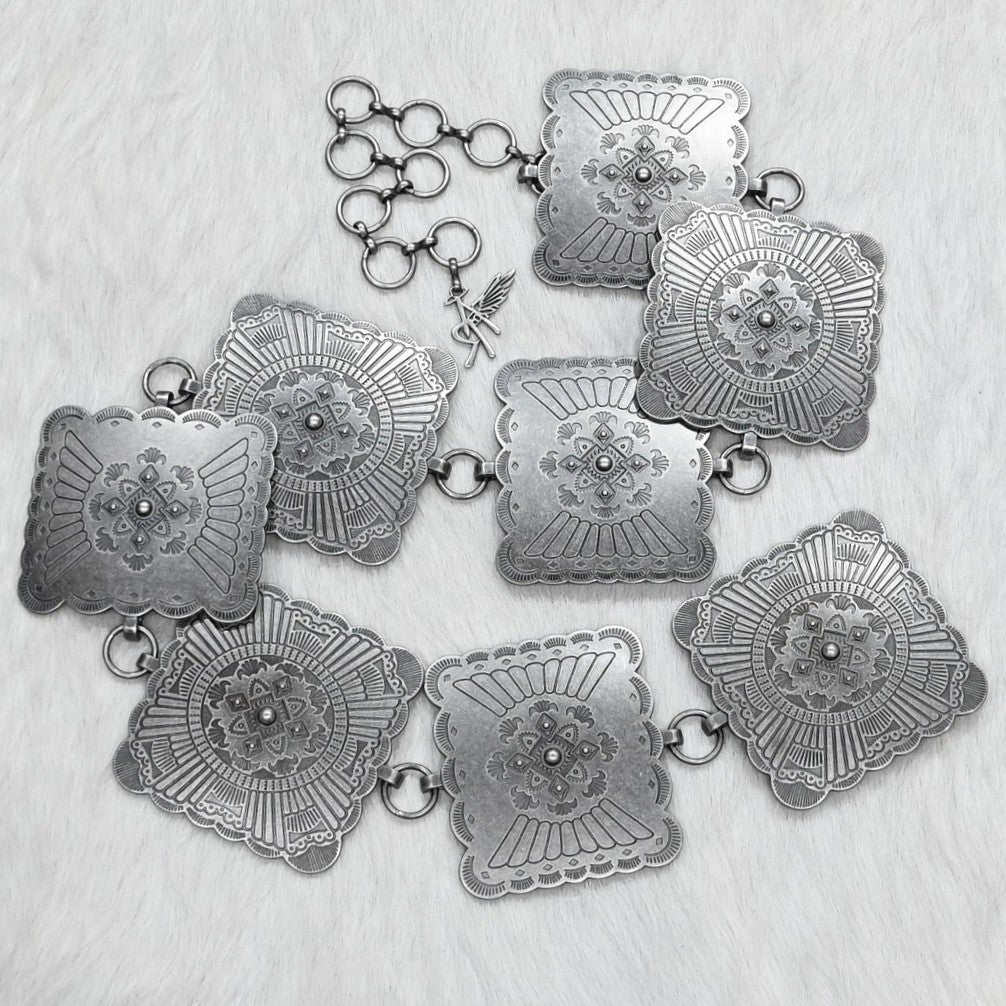 M&amp;F 3″ leather belt with engraved silver-tone square conchos