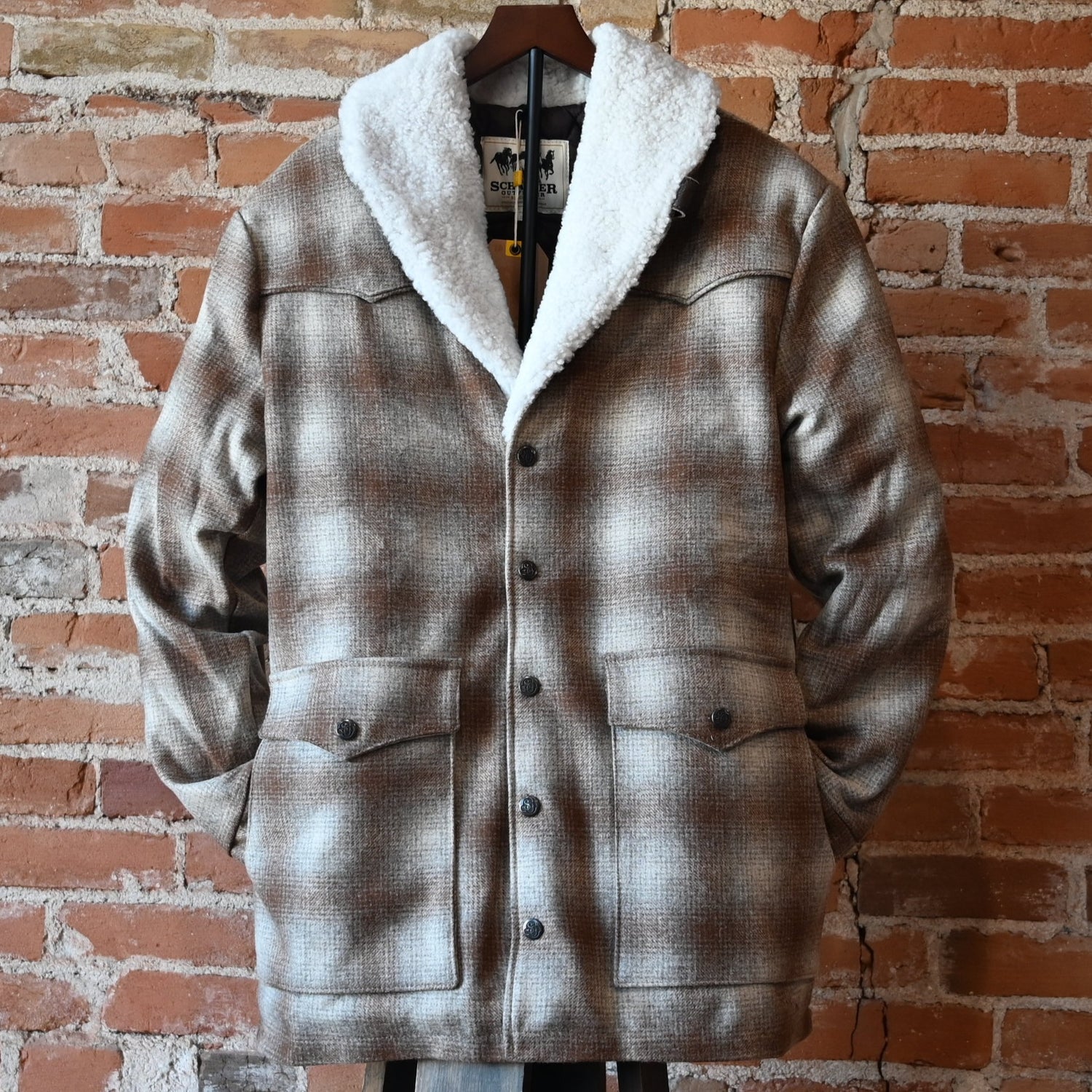 Schaefer Outfitter Wool Coat With Shearling Collar in taupe wool with shearling collar, snap-out vents and front pockets