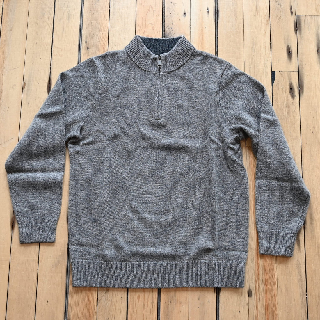 View of Pendleton men’s Shetland wool ¼ zip sweater in Stone Heather with mock neck and ribbed trim