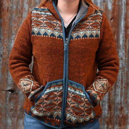 Lost Horizon Dakota Hooded Zip Wool Sweater in Dark Copper view of front on model size medium