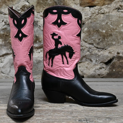 Ladies 11&quot; Boot W/Pink Uppers And Black Inlayed Bucking Horse view of front and side