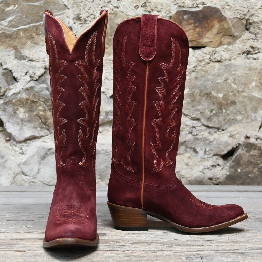 View of Macie Bean 15&quot; wine suede &quot;Cabernet Cowgirl&quot; boot with almond toe and Citygirl heel
