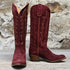 View of Macie Bean 15" wine suede "Cabernet Cowgirl" boot with almond toe and Citygirl heel