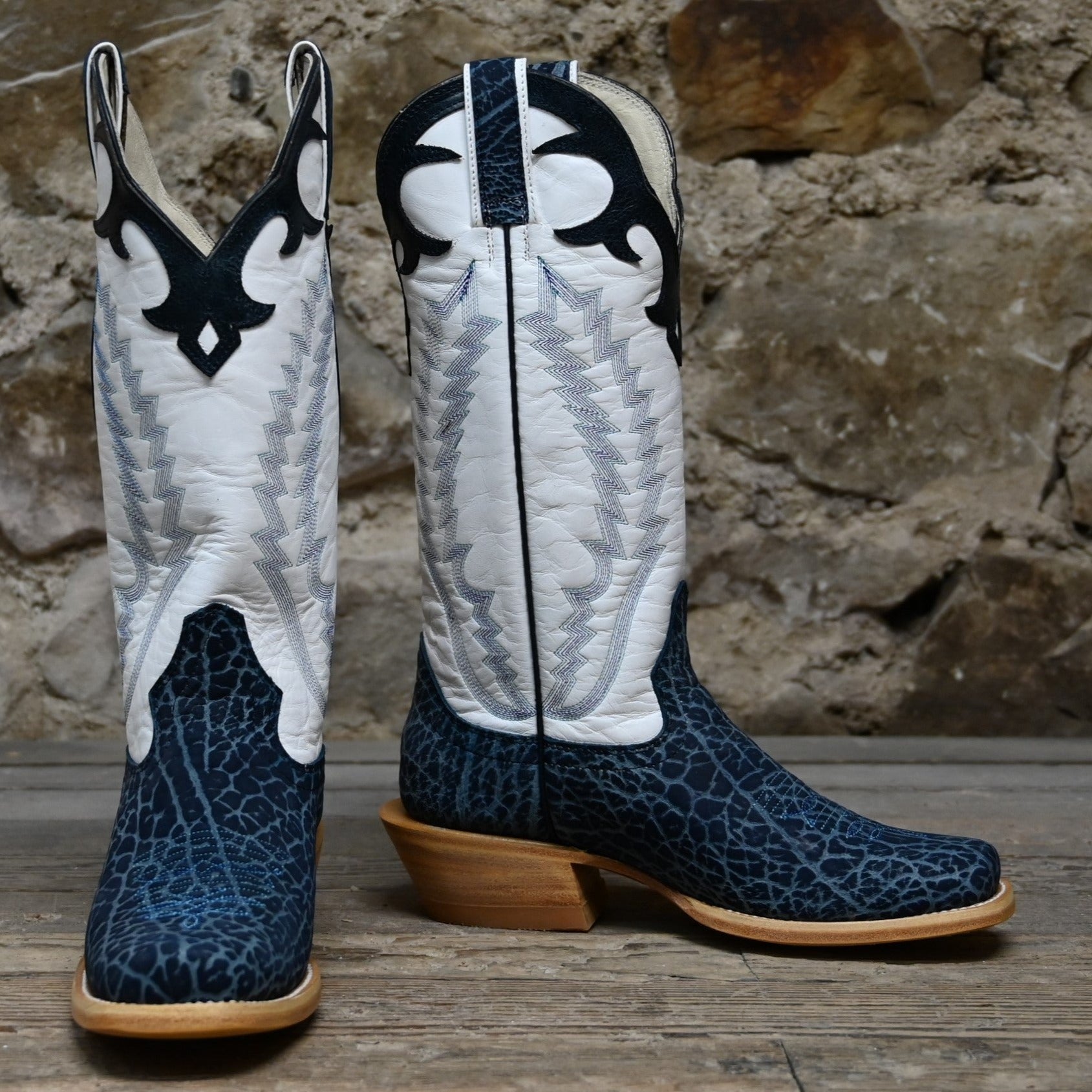 Hondo White Cowhide Top with Blue Volcano Stitching and Navy Nubuck  Bullhide Vamp