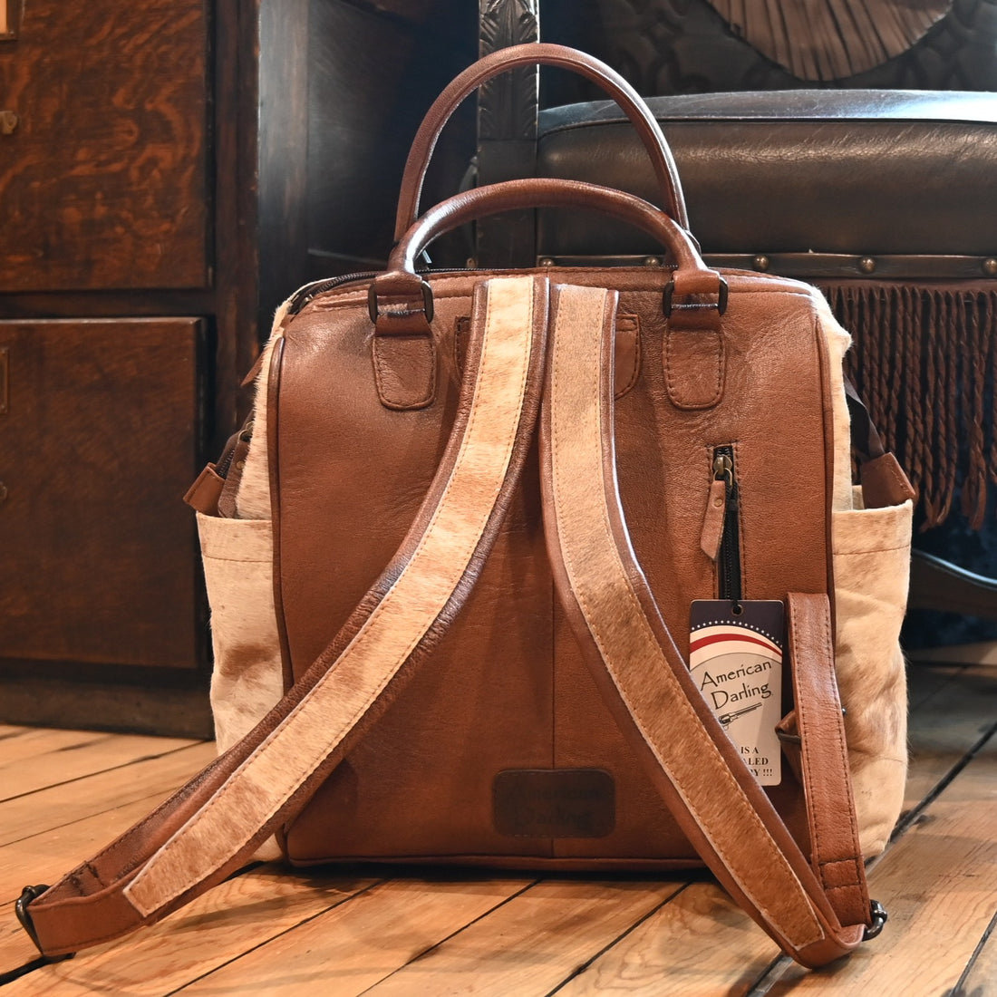 American Darling genuine hair-on leather backpack in light brown cowhide hide with Western-inspired design