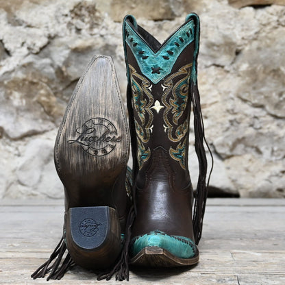 Ladies 11&quot; Leather Boots In Chocolate W/Powder Blue Toe Cap and Collar W/Buckstich and Tassel view of bottom
