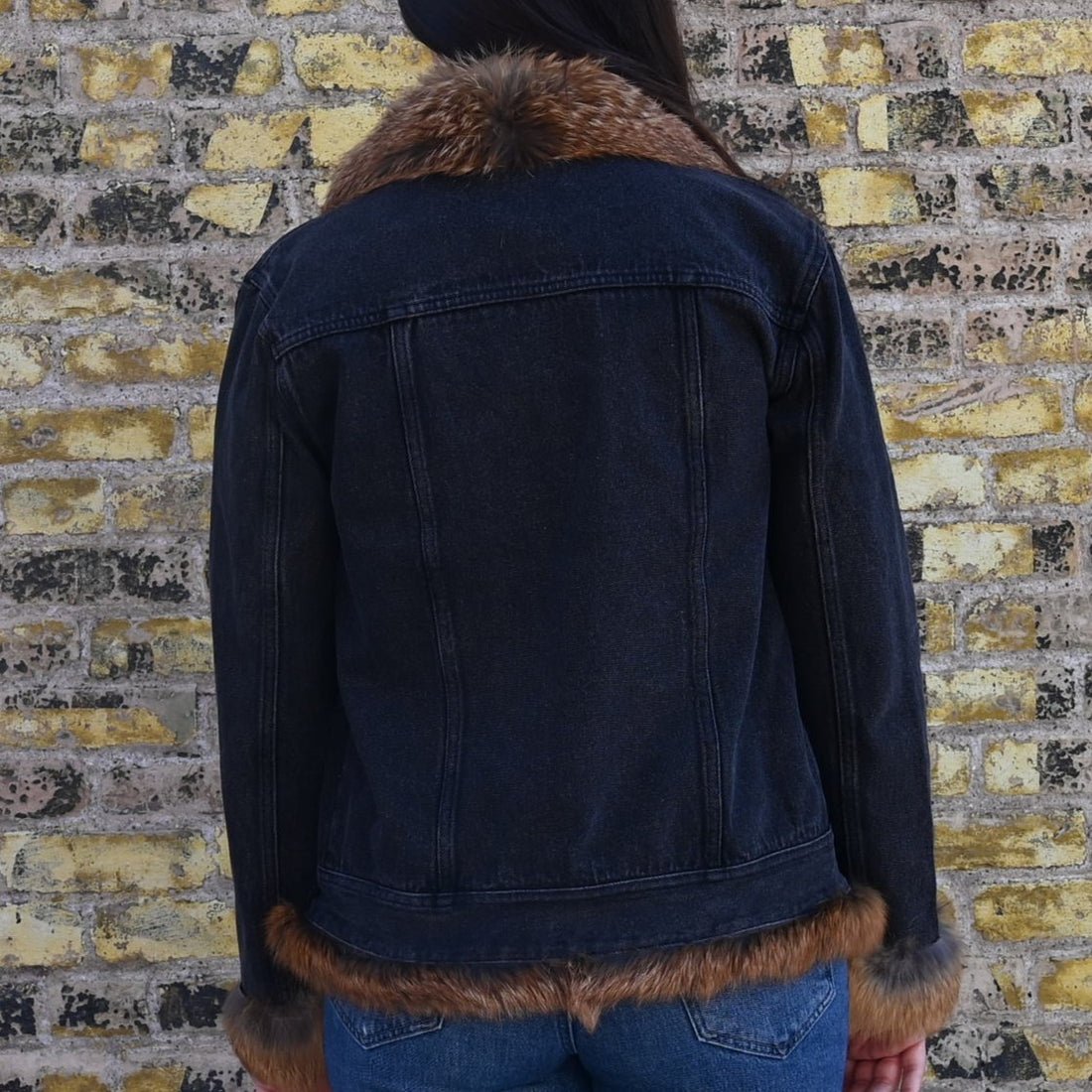 Morris Kaye &amp; Sons – Black Denim Jacket with Red Fox Fur Cuffs, Collar &amp; Placket