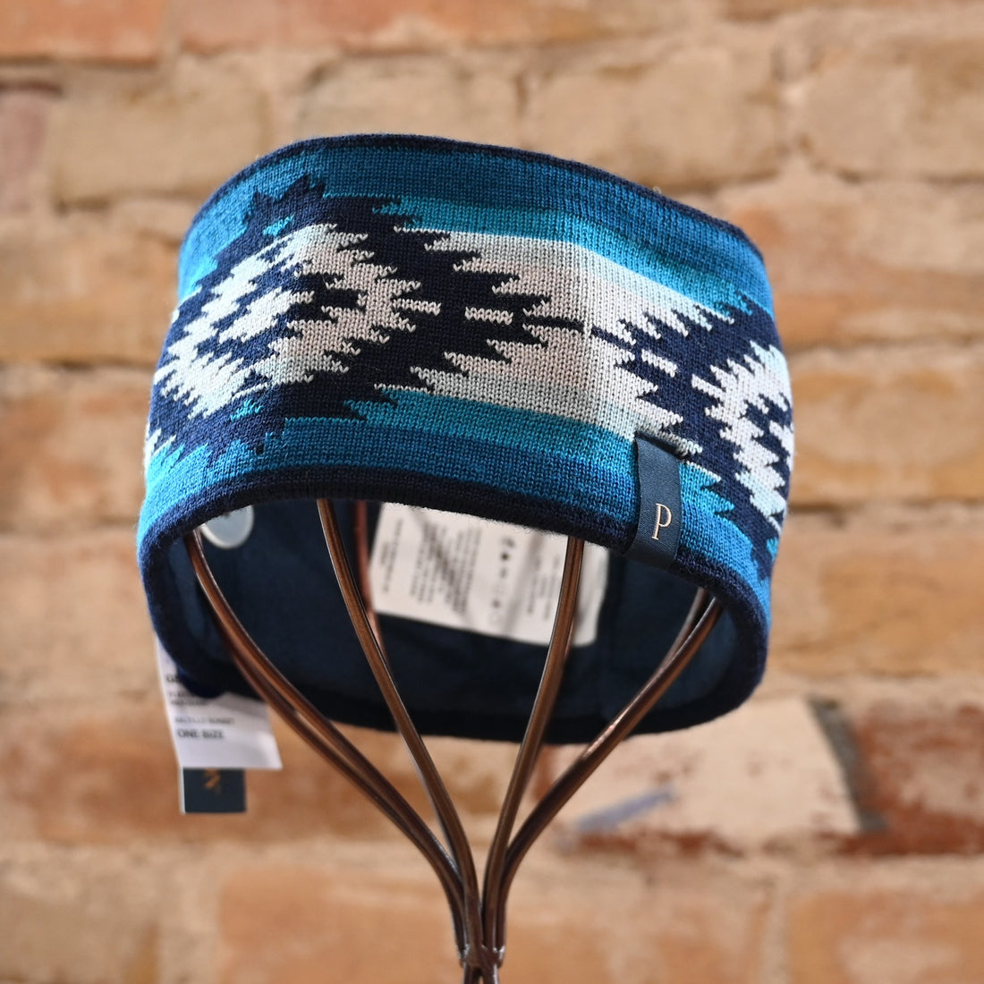 View of Pendleton blue Aztec-pattern fleece-lined Saltillo Sunset knit headband