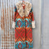 Tasha Polizzi Casey Coat in geometric orange, red, turquoise, and brown wool with removable faux fur collar and cuffs