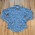 Men’s blue bandana Western shirt with bison motifs, sawtooth pockets, and snap buttons
