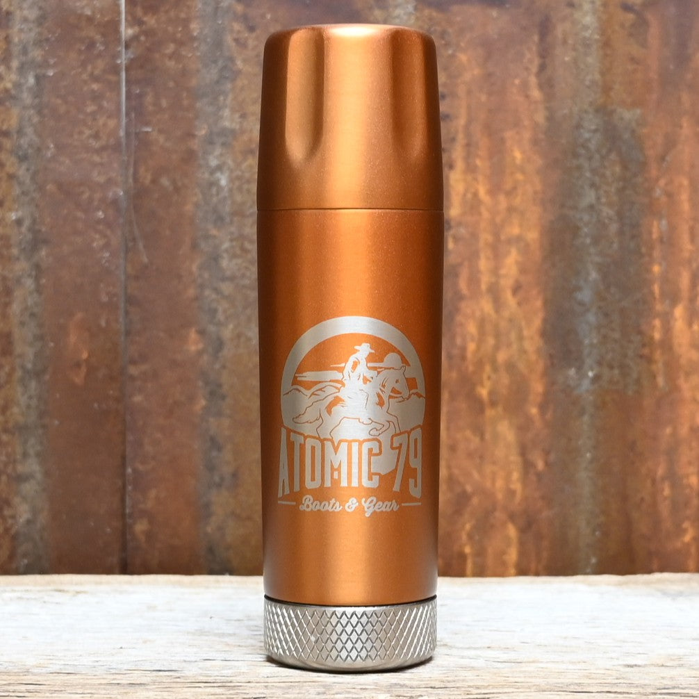 High Camp Torch Flask Copper Edition 9oz with Atomic 79 logo and magnetic tumbler.