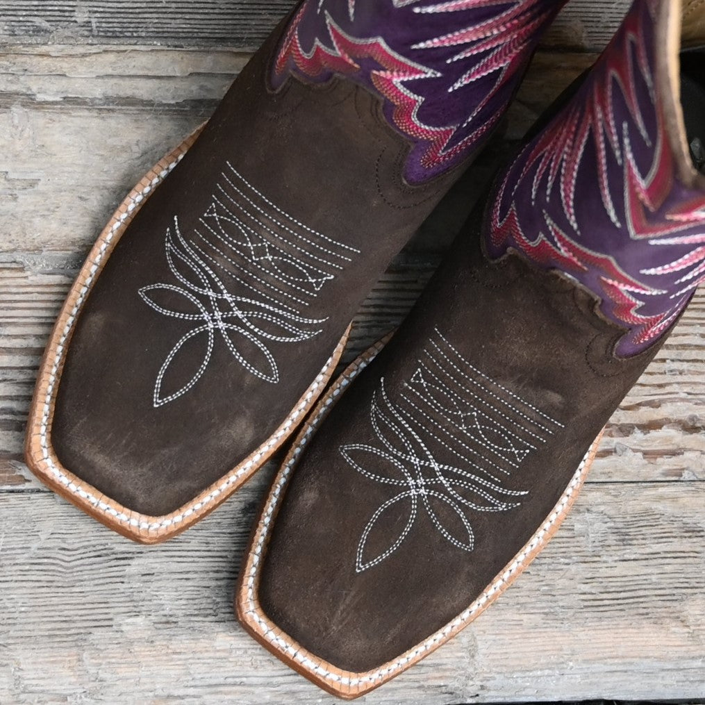 View of Hyer ROSE HILL 13" boots showcasing eggplant cowhide top and chestnut cowhide vamp with broad square toe and Stockman block heel