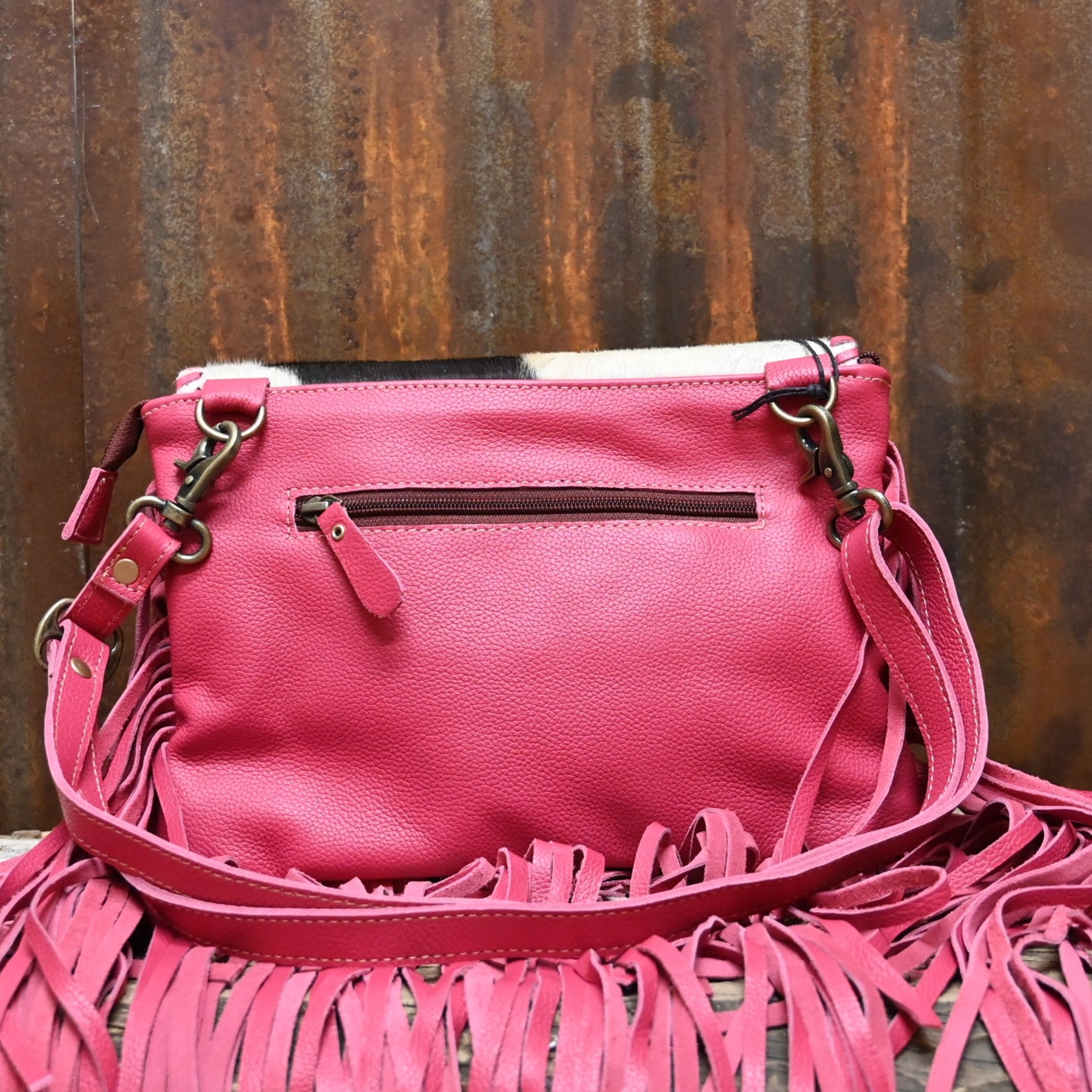 Myra Letterstone Trail Fringe Leather and Hair On in Pink view of back