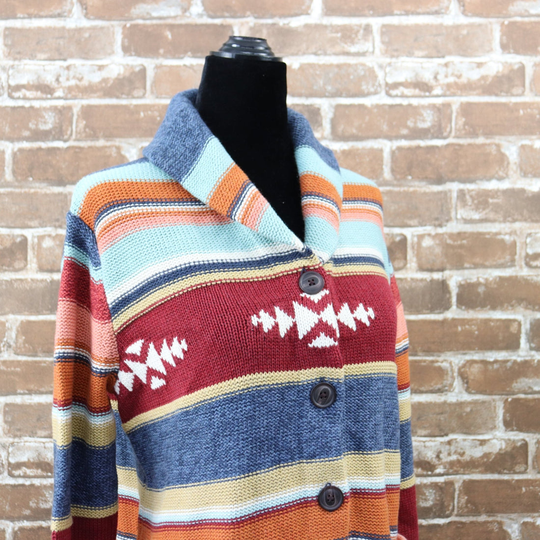 Ladies Pendleton Shawl Collar Stripe Cardigan in Navy Multi