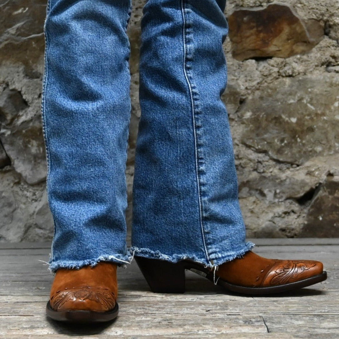 Stallion Ladies Cognac Suede Kid w/ Tooling 10in Top Western Pull on view of front and side on model size 7.5