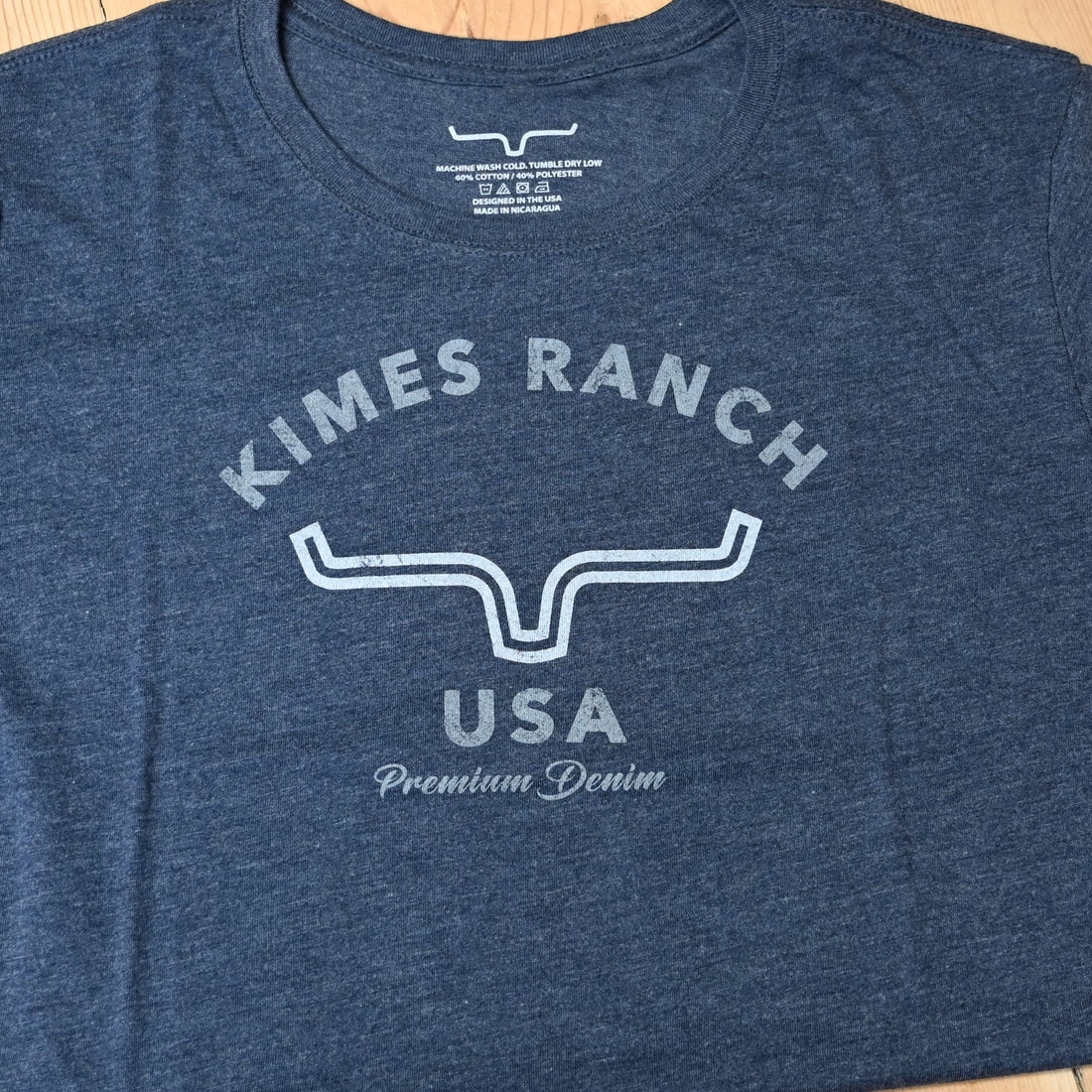 Kimes Ranch Arch Tees in Vintage Navy view of logo
