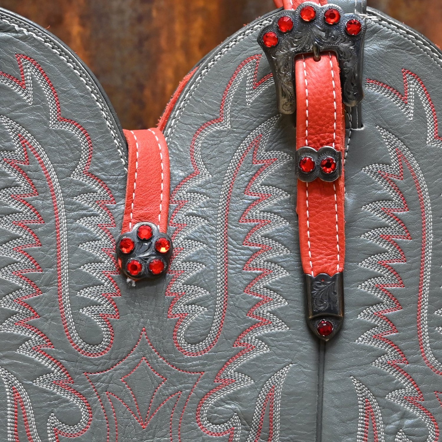 Purse- Cowboy Boot Top w/ buckles- red and gray view of detail