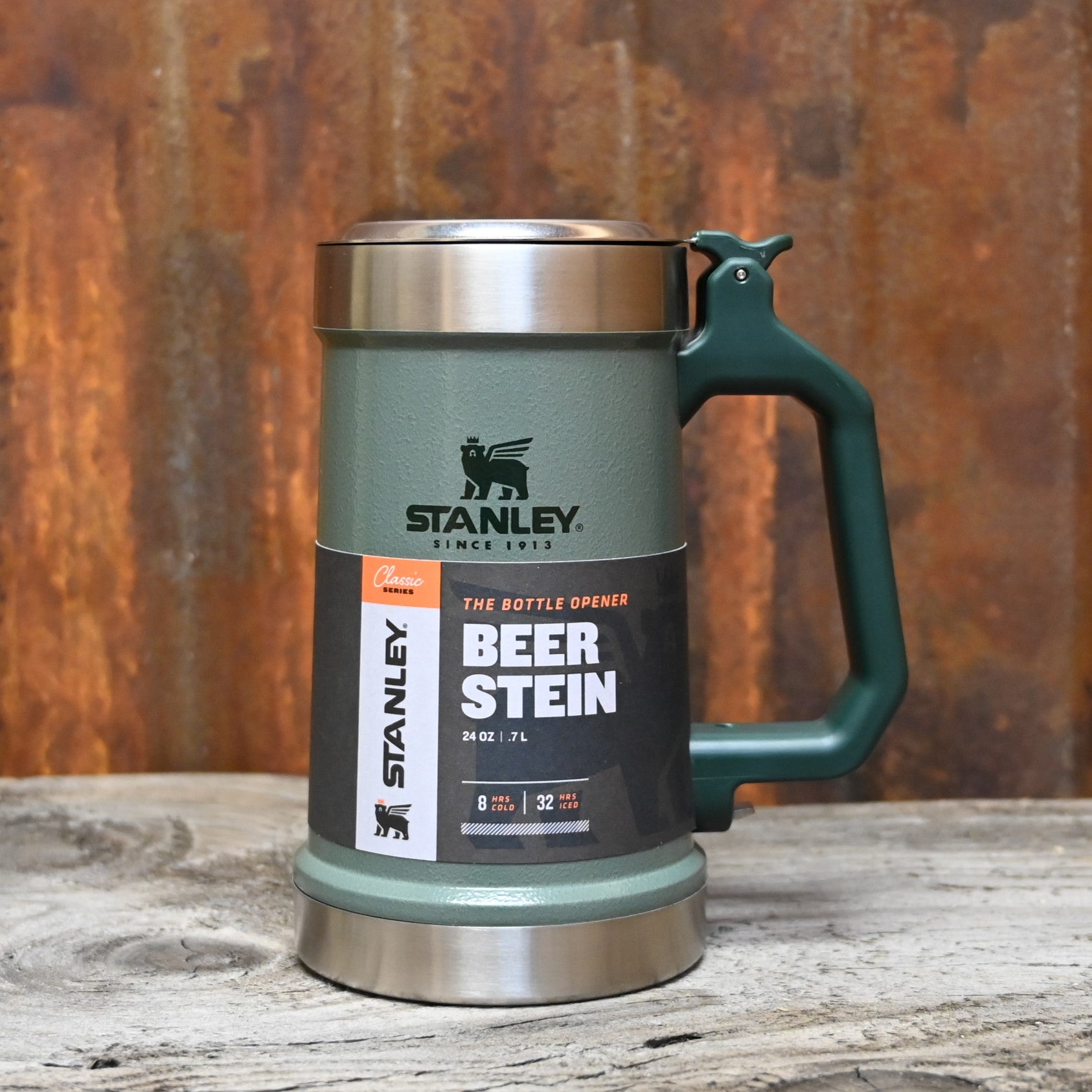 Stanley Classic Bottle Opener Beer Stein in Hammertone Green view of beer stein