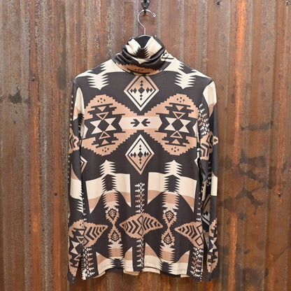 Ladies Brown Navajo Print Vaomi Turtlenck view of front